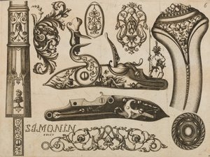 Gravur von Feuerwaffen-Ornament, 1693 oder 1695 von Claude Simonin