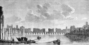 Die alte Londoner Brücke, zerstört durch das große Feuer von 1666. Stich nach einem Gemälde von Claude de Jongh (1650) im Museum von South Kensington von Claude de Jongh