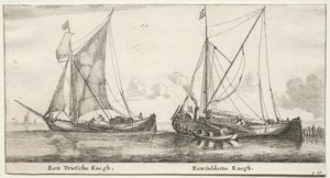 Verschiedene Schiffe und Ansichten von Amsterdam (Verscheÿde Schepen en Gesichten van Amstelredam), Teil II: Ein friesischer Bilander. Ein Gelderscher Bilander von Clement de Jonghe
