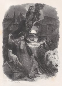 Nacht, Vignette eines Mädchens im Kostüm des 18. Jahrhunderts, das Rosen pflückt, ca. 1830-65 von Célestin Nanteuil