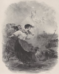 Frau am Meer mit der Madonna, die auf ein Schiff zeigt von Célestin Nanteuil