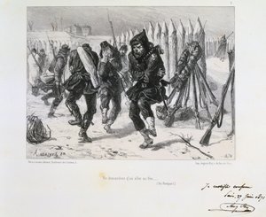 Deutsch-Französischer Krieg 1870-1871. Belagerung von Paris 19. Sept. 1870-28. Jan. 1871. Soldaten auf den Wällen springen herum, um sich warm zu halten. Aus einer Serie von Lithografien von Clément Auguste Andrieux über die Nationalgarden.