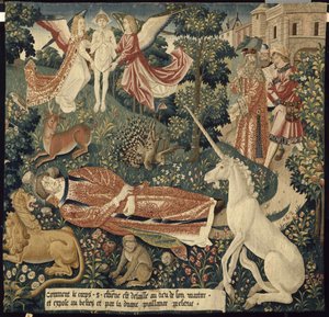 Einhorn. Aus: La Tenture de saint Étienne. Szene 8: Der Körper des Märtyrers den Tieren ausgesetzt, ca. 1500