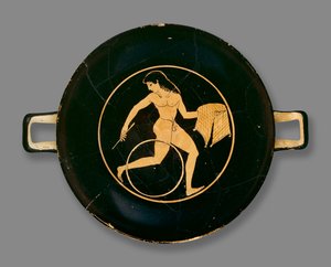 Attische rotfigurige Schale, dekoriert mit einem Jungen, der einen Teller mit Essen trägt und einen Reifen rollt, gefunden in Chiusi, Italien, ca. 500 v. Chr.