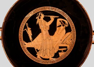Bankett und Doppelflötenspieler, Detail von einer Kylix oder attischen rotfigurigen Schale, ca. 490 v. Chr. von Colmar Painter