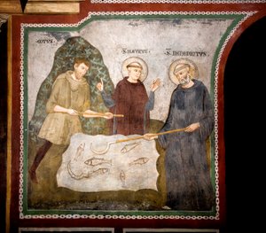 Das Wunder des Goten St. Benedikt von Nursia, begleitet von seinem ersten Schüler Saint Maur, traf einen Bauern-Goten und reparierte wundersam seine Sichel. Fresko von Meister Consolo (13. Jahrhundert) Unterkirche. Kloster von Saint Benedetto (Sacro Speco)