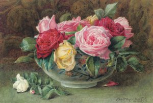 Stillleben mit einer Schale rosa, gelber und roter Rosen, 1883