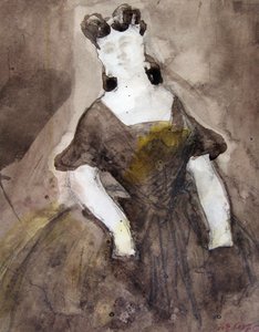 Halbfigurige Frauenstudie, tief ausgeschnittenes Kleid, Hände in den Taschen. von Constantin Guys