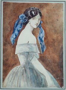 Studie einer Frau als Halbfigur, in einem ausgeschnittenen Kleid, mit einem über dem Haar geknoteten Schleier von Constantin Guys