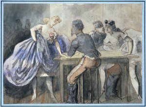 Bordellszene, zwei Frauen und zwei Soldaten um einen Tisch, links im Hintergrund weitere Silhouetten von Frauen und Männern. von Constantin Guys
