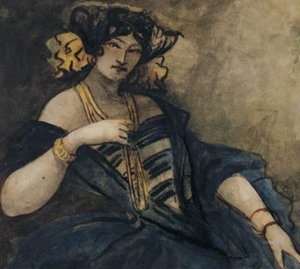 Sitzende, elegant gekleidete Frau, Halbfigur