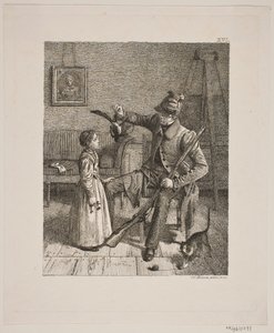 Ein Jäger zeigt einem kleinen Mädchen seine Beute von Constantin Hansen