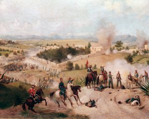 Amerikanisch-Mexikanischer Krieg: Ansicht der Schlacht von Molino del Rey am 08.09.1847 (Detail). Gemälde von Constantino Escalante (1836-1868)