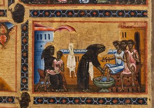 Bardi St. Franziskus Altarbild und zwanzig Geschichten seines Lebens, Die Bardi-Kapelle, Detail des Heiligen, der Leprakranke lehrt, während er einen in seinen Armen hält und die Füße der anderen wäscht