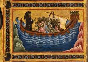 Bardi St. Franziskus Altarbild und zwanzig Geschichten seines Lebens, Die Bardi-Kapelle, Detail des Heiligen, der ein Boot rettet, das Ancona verlassen hatte