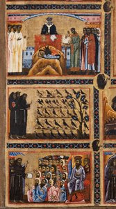 Bardi-St.-Franziskus-Altarbild und zwanzig Geschichten aus seinem Leben, Details von oben: die Schaffung der Krippenszene in Greccio, St. Franziskus predigt den Vögeln, St. Franziskus predigt den Muslimen vor dem Sultan, 1245-50