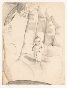 Auge und Hand, in denen ein Kind mit einem Päckchen in den Händen Selbstporträts von Cor van Teeseling (Serientitel)