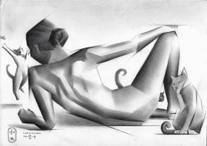 Geometrische Frau und Katzen von Corné Akkers
