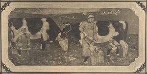 Fotoreproduktion eines Entwurfs mit Bäuerinnen und Kühen für ein Buntglasfenster von Richard Roland Holst von Cornelis Albertus Deul
