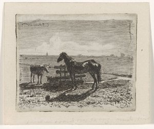 Weide mit einem Pferd und zwei Kühen von Cornelis Albertus Johannes Schermer