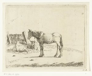 Landschaft mit Pferd und zwei Kühen am Zaun