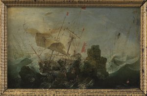 Schiffswrack gegen einen Felsen von Cornelis Claesz  van Wieringen
