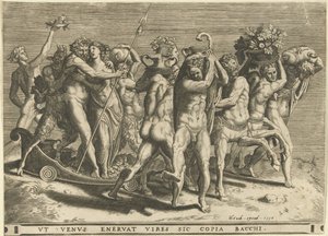 Bacchus und Venus in einer Kutsche, gezogen von Kentauren