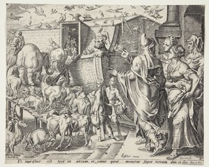 Noah, seine Familie und die Tiere, die die Arche besteigen