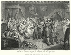 La Rancune schneidet Ragotins Hut ab (Gravur) von Cornelis Engelbrechtsen