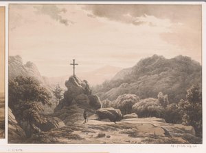Berglandschaft mit Kreuz auf einem Felsen