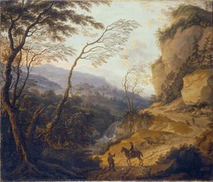 Berglandschaft mit einem Reiter und einem Jäger im Gespräch von Cornelis Matthieu