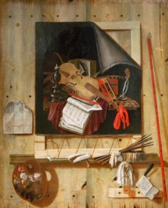 Trompe-l’Oeil mit Atelierwand und Vanitasstillleben