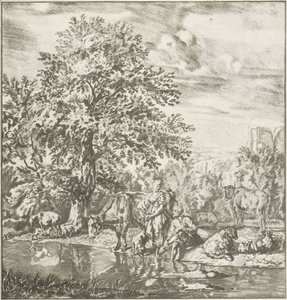 Hirte und Hirtin mit Herde an einem Fluss (Prentwerk) von Cornelis Ploos van Amstel