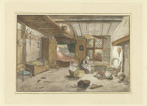 Interieur mit Frau bei Wiege