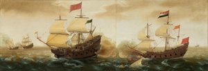 Ein Seegefecht zwischen niederländischen und spanischen Kriegsschiffen
