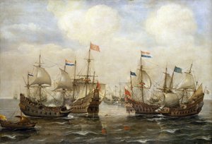 Ein Zusammenstoß zwischen den Spaniern und den Niederländern, um 1630, jedes Boot hat seine Flagge, und links trägt ein Boot die Flagge der niederländischen Generalstaaten