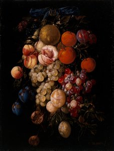 Stillleben mit Trauben, Kirschen und Pflaumen, die an einem Nagel mit einem blauen Band hängen von Cornelis de Heem