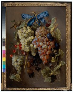 Stillleben mit Trauben, Kirschen und Pflaumen, die an einem Nagel mit einem blauen Band hängen von Cornelis de Heem