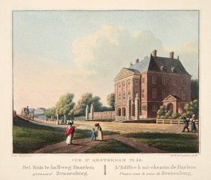 Ansicht von Amsterdam Nr. 40. Das Haus auf halbem Weg nach Haarlem namens Zwanenburg, 1825 (handkolorierter Stich)