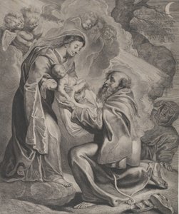 Die Vision des heiligen Franziskus, kniend rechts, das Christkind von der Jungfrau empfangend