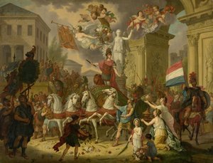 Allegorie des Triumphzugs des Prinzen von Oranien, des zukünftigen Königs Wilhelm II., als Held von Waterloo, 1815 von Cornelis van Cuylenburgh (II) (signed by artist)
