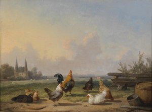 Hühner vor einer weiten Landschaft von Cornelius Van Leemputten
