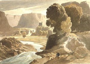 Gebirgige Landschaft mit einer Burg (möglicherweise eine Ansicht in Wales), ca. 1802-3