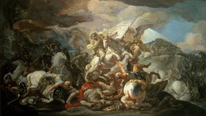 Die legendäre Schlacht von Clavijo, in der der asturische König Ramiro I. (791-850) die Muslime mit Hilfe des Apostels St. Jakobus im Jahr 845 besiegte, Skizze nach dem Gemälde in der Kuppel des Königspalastes in Madrid