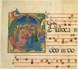 Manuskript-Illumination mit der Himmelfahrt der Jungfrau Maria in einem Initial G, 1450-60