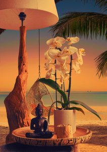 Orchideen-Buddha-Strand-Sonnenuntergang