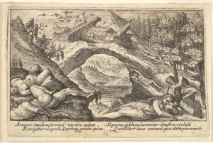Nachwirkungen der Flut: menschliche Körper auf trockenem Land im Vordergrund, Noahs Arche, 1612