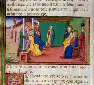 Jesus geht an einem Samstag in die Synagoge von Nazareth und liest das Buch des Propheten Jesaja. Miniatur von Cristoforo De Predis (1440-1486) nach der Geschichte des Neuen Testaments