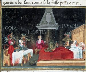 Darstellung des Kreises der Unterwelt, wo die Schuldigen der Völlerei, Faulheit und Lust zu finden sind von Cristoforo De Predis