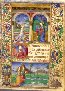 Verkündigung, Stundenbuch Borromeo, mit Giovanni III Borromeo und seiner Frau Cleófa Pio da Carpi im Gebet von Cristoforo De Predis